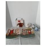 Two decor plates 8x8, Three miniature bird pitchers and more