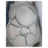 Three aluminum platters. Largest 18 inches. Five two compartment to go containers with lids 13 inches