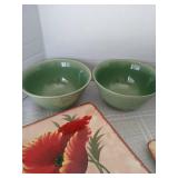 Paula Deen 4 green bowls, 2 Floral design Pier One Imports square plates and 2 Swirl plates