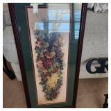 Framed grapes and fruit print signed Glynda Turley 30 x 15.5 with Amazing Grace wall hanging