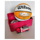 Legos, NCAA basketball (needs air), and small Fire truck