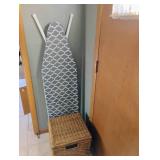 Ironing board with wicker basket 16 x 16 x 16 inside basket is iron and clothes pins