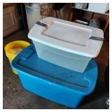 2 plastic totes with 5 gl bucket with small trash bags