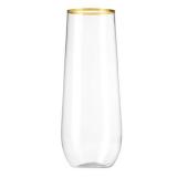 Munfix 48 Pack Stemless Plastic Champagne Flutes Disposable 9 Oz Gold Rim Clear Plastic Toasting Glasses Shatterproof Recyclable and BPA-Free