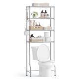 SONGMICS 4 Tier Over The Toilet Storage, Metal Storage Rack, Adjustable Shelves, 4 Hooks, Roll Holder, Space-Saving Bathroom Storage Shelf Organizer, 11.8 x 24.8 x 69.3 Inches, Silver Gray UBTS013G01