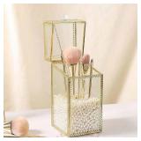 Glass Makeup Brush Holder with Lid Organizer Vintage Cosmetic Hexagonal Display Cases Brush Storage with Free White Pearls - Gold