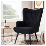 Furniliving Faux Fur Accent Chair, Upholstered High Backrest Arm Chair with Solid Metal Legs, Tufted-Button Design Reading Chair, Sofa Chair for Bedroom, Living Room, Office, Black - Retail: $114.76