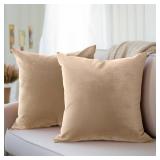 Encasa Velvet Throw Pillow Cover Set of 2 Cream 18x18 / 45x45 cm Solid Plain Dyed Soft & Smooth Pillowcase No Insert, Square