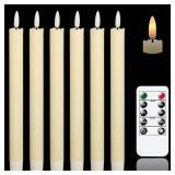 GenSwin Flameless Ivory Taper Candles Flickering with 10-Key Remote, Battery Operated Led Warm 3D Wick Light Window Candles Real Wax Pack of 6, Christmas Home Wedding Decor(0.78 X 9.64 Inch)