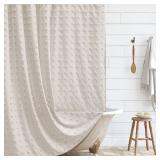 Extra Long Boho Farmhouse Shower Curtain Woven Fabric Beige 84 Inch Shower Curtain, 72 x 84 Tufted Pleat Floral Puffs Textured Modern Farmhouse Minimalist Shower Curtain with Hooks for Bathroom