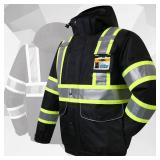 JKSafety 10 Pockets Hi-Vis Waterproof 3M Reflective Winter Bomber Jacket | Black Color | Secured Tablet Pocket | Detachable Hood and Retractable ID Pocket | ANSI Compliant (118-Black, X-Large)