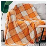 LALIFIT Decorative Faux Cashmere Throw Blankets Soft Fluffy Classic Orange Plaid Fringe Throw Blanket with Tassels Cozy Lightweight for Home Couch Sofa Farmhouse Halloween Decor 50" x 60" (Pumpkin)