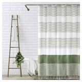 Awellife Sage Green Shower Curtain for Bathroom Stripe Tassel Shower Curtain 36 X 72 Inches Farmhouse Linen Stall