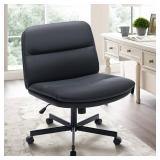 COLAMY Criss Cross Chair-Cross Legged Office Chair with Wheels, Armless Wide Office Desk Chair, Leather Vanity Chair with Double-Layer Cushion, Black - Retail: $111.2