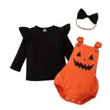 Newborn Girl Halloween Outfits Long Sleeve Solid Sweatshirt Tops Bib Overalls Ghost Jumpsuits Bow Headband Baby Fall Clothes (12-18 Months, Black)