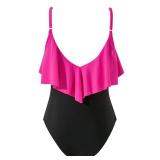 SUUKSESS Women Slimming Ruffle One Piece Swimsuits Ruched Tummy Control Bathing Suits (Hot Pink Black, S)