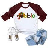 Gobble Thanksgiving Shirts Women Funny Turkey Graphic Tee 3/4 Raglan Sleeve Baseball Shirt Top L Wine Red