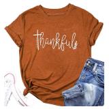 Thanksgiving Shirts for Women Thankful Graphic Letter Print T-Shirt Casual Short Sleeve Tee Tops Orange - M