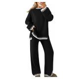 ZESICA Womens Casual 2 Piece Outfits Sweater Sets Long Sleeve Pullover Tops Wide Leg Pants Lounge Set,Black,Small