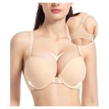 YANDW Racerback Push Up Padded Bras for Women Add 2 Cup Front Closure Back Smoothing T Back Plunge Underwire Bra Nude 38A