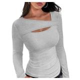 XIEERDUO Women Shirts Long Sleeve Tops Square Neck Shirts Sexy Cut Out Top Grey L