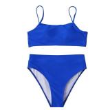 MOSHENGQI Women High Waisted High Cut Bikini Push Up Bandeau Swimsuits (M, Royal Blue)