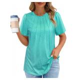 Beimuc Shirts for Women Short Sleeve Summer Tops Pleated Dressy Causal Blouses with Classy Crew Neck Trendy Loose Fit Plain Puff Tops for Women 2025 Spring Aqua XL