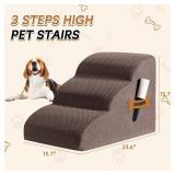 Romrol Dog Stairs Ramp for Beds Couches, Extra Wide Pet Steps with Durable Non-Slip Waterproof Fabric Cover, Pets Slope Stairs, 3-Tiers,Coffee