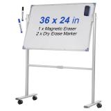 VEVOR Mobile Magnetic Whiteboard, 36 x 24 Inch, Double Sided, 360 Degree Reversible Rolling Dry Erase Board, Height Adjustable with Aluminum Frame and Lockable Swivel Wheels, for Office School Home