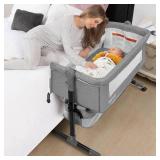 MMBABY Baby Bassinet Bedside Sleeper Bedside Crib Easy Folding Portable Crib 3 in 1 Travel Baby Bed with Adjustable Height,Breathable Net,Large Storage Bag and Mattress (Light Grey) - Retail: $91.46