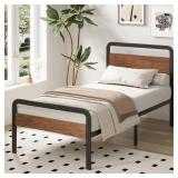 Richwanone Twin Bed Frames with Wood Headboard and Footboard,14 Inch Metal Platform Frame with Steel Slat Support, No Box Spring Needed, Easy Assembly, Black - Retail: $84.99