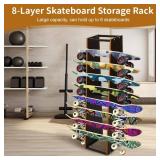 lukar 8-Layer Skateboard Rack Floor Stand, Wooden Skateboard Display Rack, Longboard Storage Rack, Skateboard Holder for Standard Skateboards, Mini Cruiser Skateboards