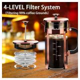 French Press Coffee Maker 12oz Stainless Steel, 4 Filters, Glass