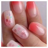 Press on Nails Medium Square Pink Flower Design Rose Pink French