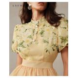 Elegant Floral Print Women Bubble Sleeve Dress, Small Collar, Yellow