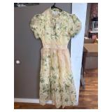 Elegant Floral Print Women Bubble Sleeve Dress, Small Collar, Yellow