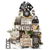 CroBlissful 23 Pcs Winter Tiered Tray Decor Snowman Farmhouse Decor Winter Snowflake Snowman Sign Winter Table Centerpieces Hello Winter Wood Blocks Signs for Home Decor, Without Tray