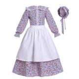 Vibsion Girls Pioneer Prairie Costume Pilgrim Dress Kids Floral Colonial Village Girl Costumes Bonnet Apron Set Blue