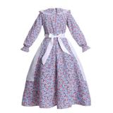 Vibsion Girls Pioneer Prairie Costume Pilgrim Dress Kids Floral Colonial Village Girl Costumes Bonnet Apron Set Blue