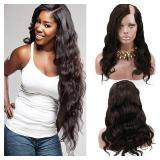 Voloria Left U Part Human Hair Wigs Natural Black Color Body Wavy Style Lace Front Wig with Baby Hair 130% Density 12inch