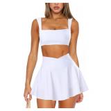 OZICERD Two Piece Tennis Skirt Sets for Women 2 Piece Mini Skirt Set Going Out Golf Skort Athletic Skirt Pickleball Outfit White,XS