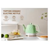 Toptier Electric Ceramic Tea Kettle, Boil Water Quickly and Easily, Detachable Swivel Base & Boil Dry Protection, Carefree Auto Shut Off, 1 L, Green Leaf