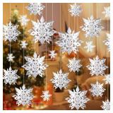 Ouddy Life Christmas Hanging Snowflake Decorations, 3D Large Paper Snowflakes Ornaments with Snowflakes Garland for Christmas Winter Wonderland Home Tree New Year Holiday Party Decor (Pearl White)