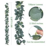 FUGZAUD 2 Pack Artificial Eucalyptus Garland Faux Silk Leaf Silver Dollar Eucalyptus Leaves Vines Handmade Garland Greenery Wedding Backdrop Indoor Outdoor Arch Wall Decoration