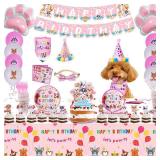 110pcs Dog Birthday Party Supplies,Dog Theme Party Favor Set Includes Hats,Bow Tie,Bandana,Birthday Banners,Balloon,Cake Topper,Cupcake Topper,Tablecioth,Plate,Fork,Cup,Straw