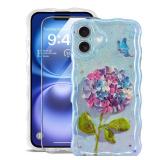 Sheheme for iPhone 16 Case [with 9H Screen Protectors] Wave Bumper Colorful Oil Painting Flowers Print Blue Glossy Soft TPU Phone Case Cover for Girls Women,Multi Petaled