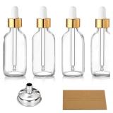 ONLY THREE AOZITA Set of 3, 2 oz Golden Cap Clear Dropper Bottles (60ml) with 1 Funnel & 4 Labels - Glass Tincture Bottles for Essential Oils with Eye Droppers - Leak Proof Travel Bottles for Liquids