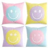 Whaline 4Pcs Pastel Smile Face Pillow Covers Happy Face Throw Pillow Case 18 x 18 Inch Decorative Cushion Cover for Home Office Couch Sofa