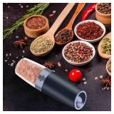 Gravity Salt and Pepper Grinder Set with Adjustable Coarseness Automatic Pepper and Salt Mill Set Battery Powered with Blue LED Light,One Hand Operated,Brushed Stainless Steel by CHEW FUN