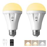 BLUEYE Rechargeable Light Bulbs,2Pack,7W,Remote Control,Soft Warm 2700K-6000K,50W Equivalent,450Lumens,Flicker-Free,E26,Battery Operated Emergency Lamp for No Outlet